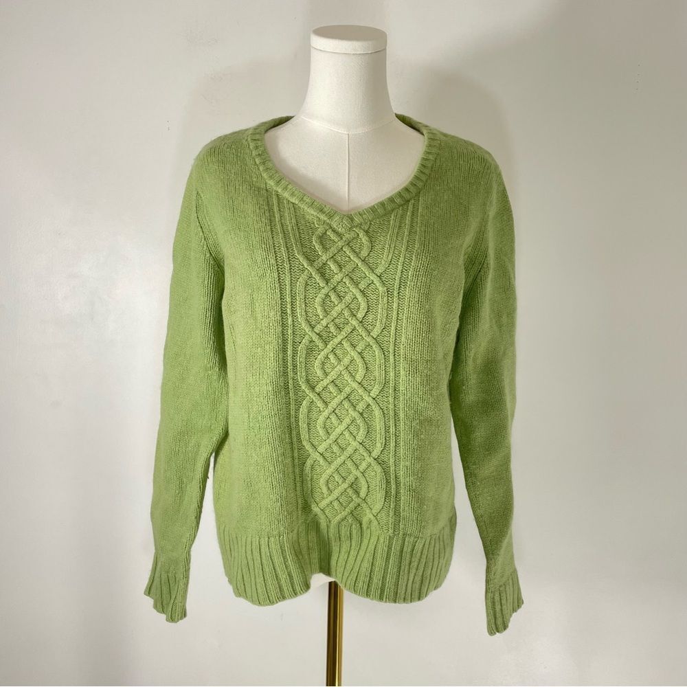 Eddie Bauer Wool Angora Rabbit Blend Celtic Style V Neck Green Sweater Size L